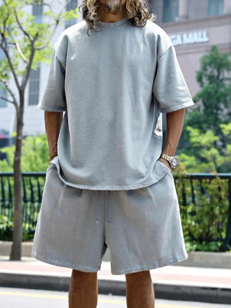 Men’s Full Size Round Neck Short Sleeve Top and Shorts Set Plus