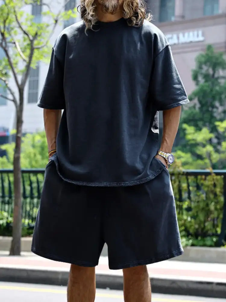 Men’s Full Size Round Neck Short Sleeve Top and Shorts Set Plus