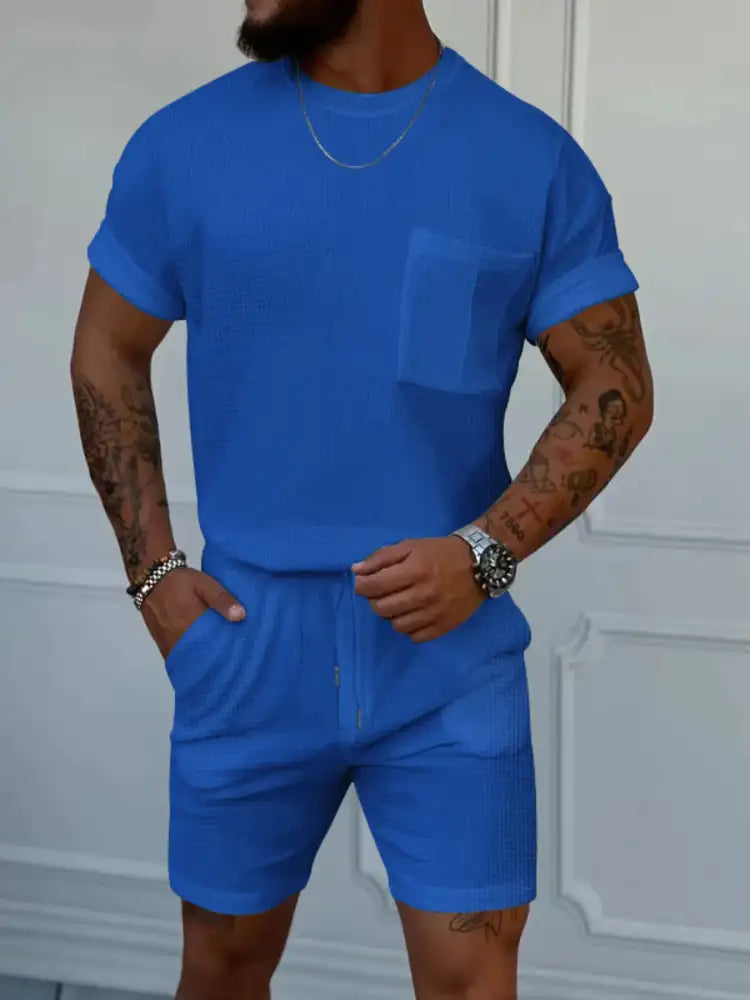 Men’s Full Size Round Neck Short Sleeve Top and Shorts Set Plus