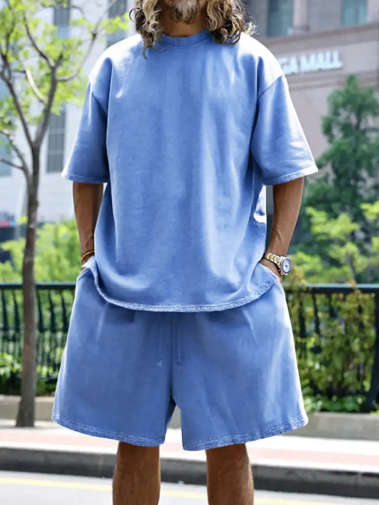 Men’s Full Size Round Neck Short Sleeve Top and Shorts Set Plus