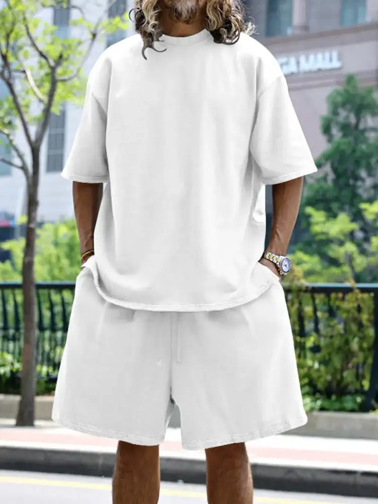 Men’s Full Size Round Neck Short Sleeve Top and Shorts Set Plus