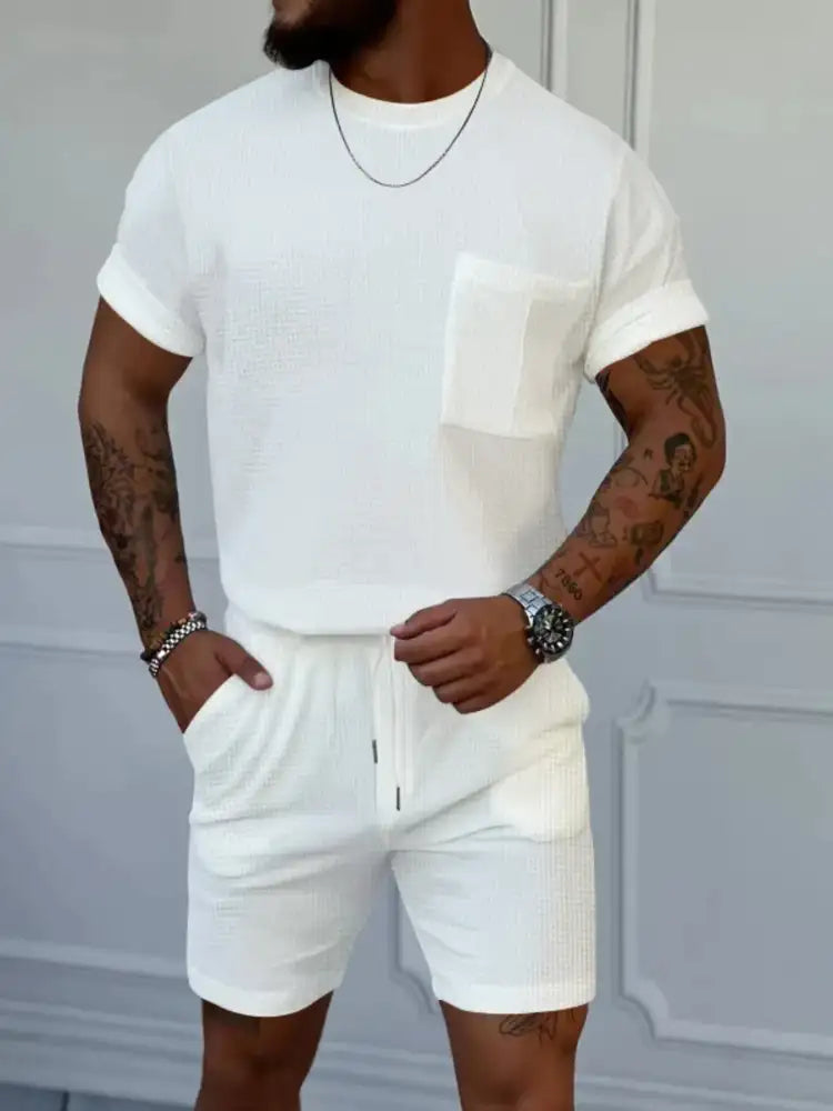 Men’s Full Size Round Neck Short Sleeve Top and Shorts Set Plus