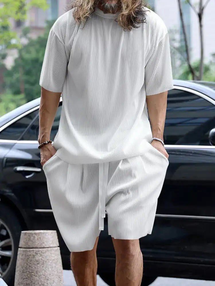 Men’s Full Size Round Neck Short Sleeve Top and Shorts Set Plus