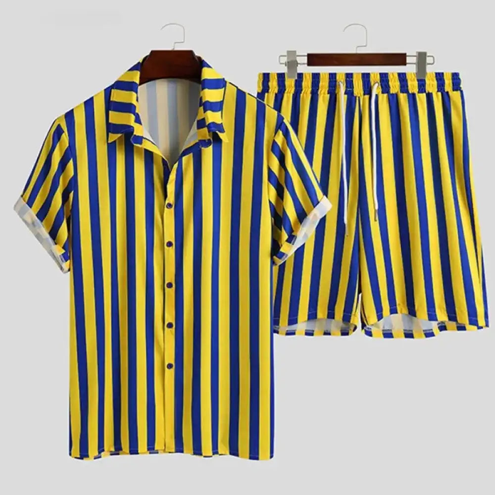 Men’s Full Size Striped Button Up Shirt and Shorts Set Plus