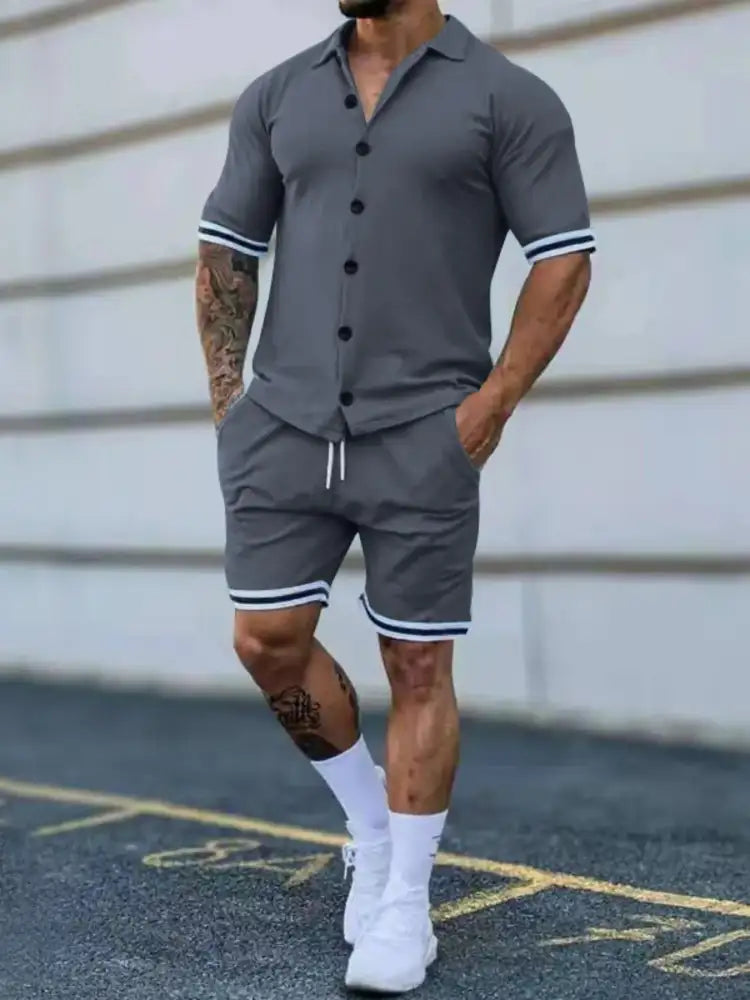 Men’s Full Size Striped Hem Button Up Top and Shorts Set Plus