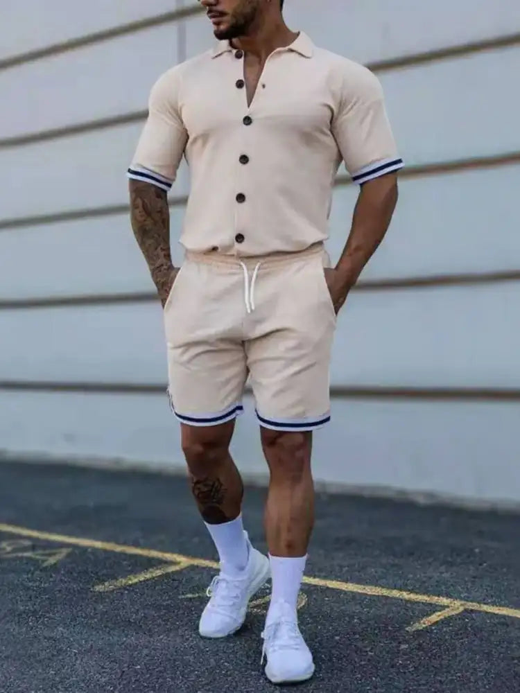 Men’s Full Size Striped Hem Button Up Top and Shorts Set Plus