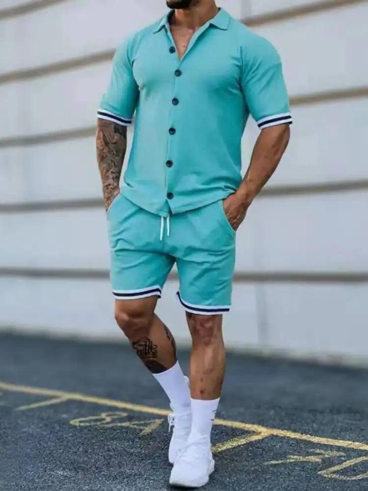 Men’s Full Size Striped Hem Button Up Top and Shorts Set Plus
