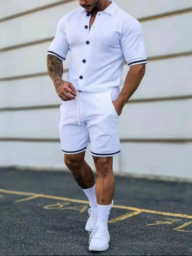 Men’s Full Size Striped Hem Button Up Top and Shorts Set Plus
