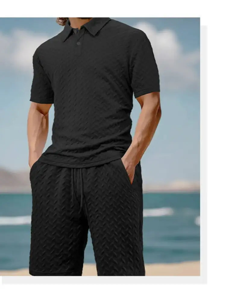 Men’s Full Size Textured Polo Shirt and Shorts Set Plus