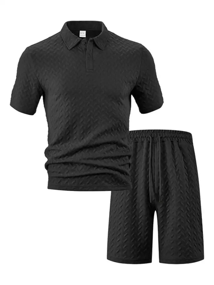 Men’s Full Size Textured Polo Shirt and Shorts Set Plus