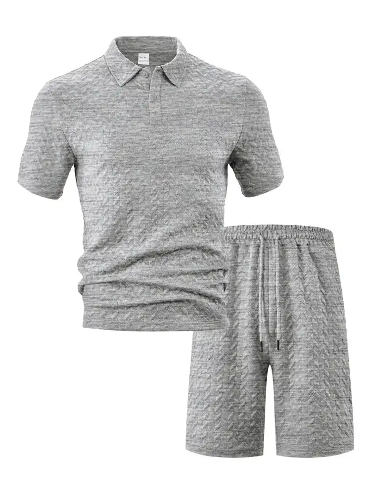Men’s Full Size Textured Polo Shirt and Shorts Set Plus