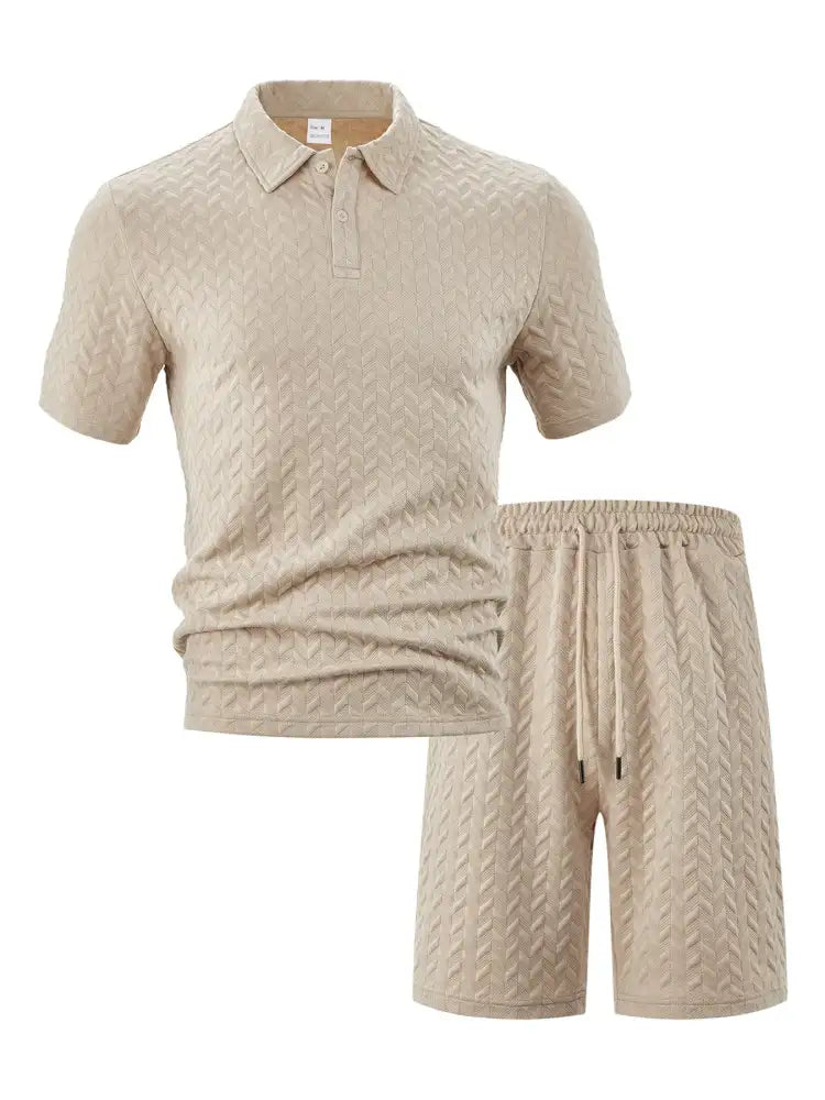 Men’s Full Size Textured Polo Shirt and Shorts Set Plus