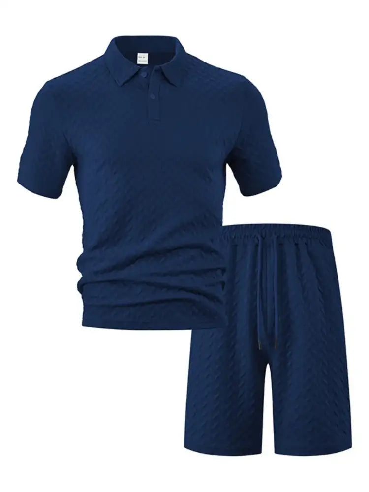 Men’s Full Size Textured Polo Shirt and Shorts Set Plus