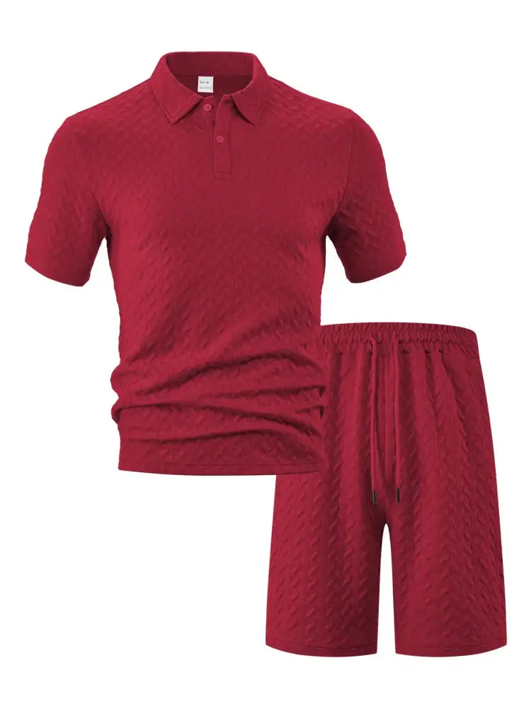 Men’s Full Size Textured Polo Shirt and Shorts Set Plus