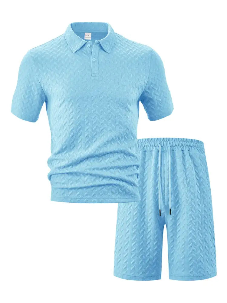 Men’s Full Size Textured Polo Shirt and Shorts Set Plus