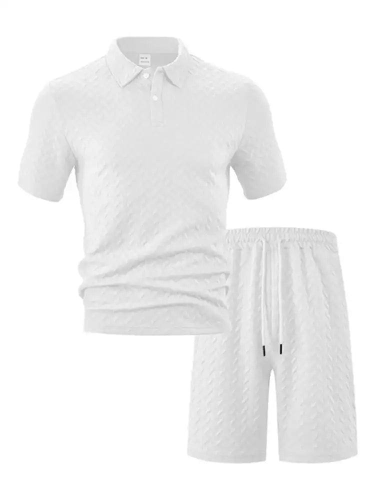 Men’s Full Size Textured Polo Shirt and Shorts Set Plus