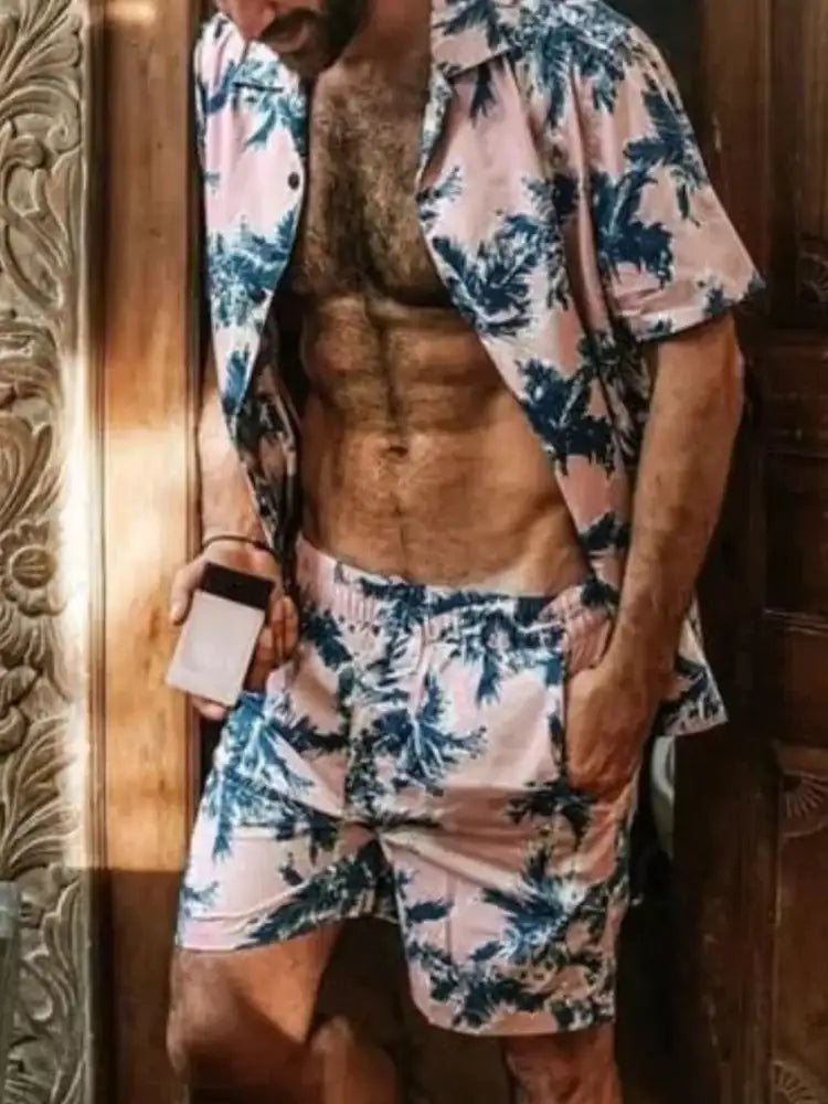 Men’s Full Size Tropical Print Hawaiian Style Top and Shorts Set Plus