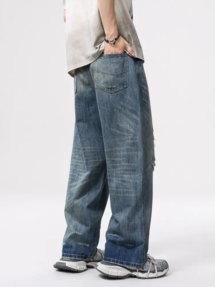 Men’s Full Size Vintage Distressed Wide Leg Relaxed Fit Jeans Plus