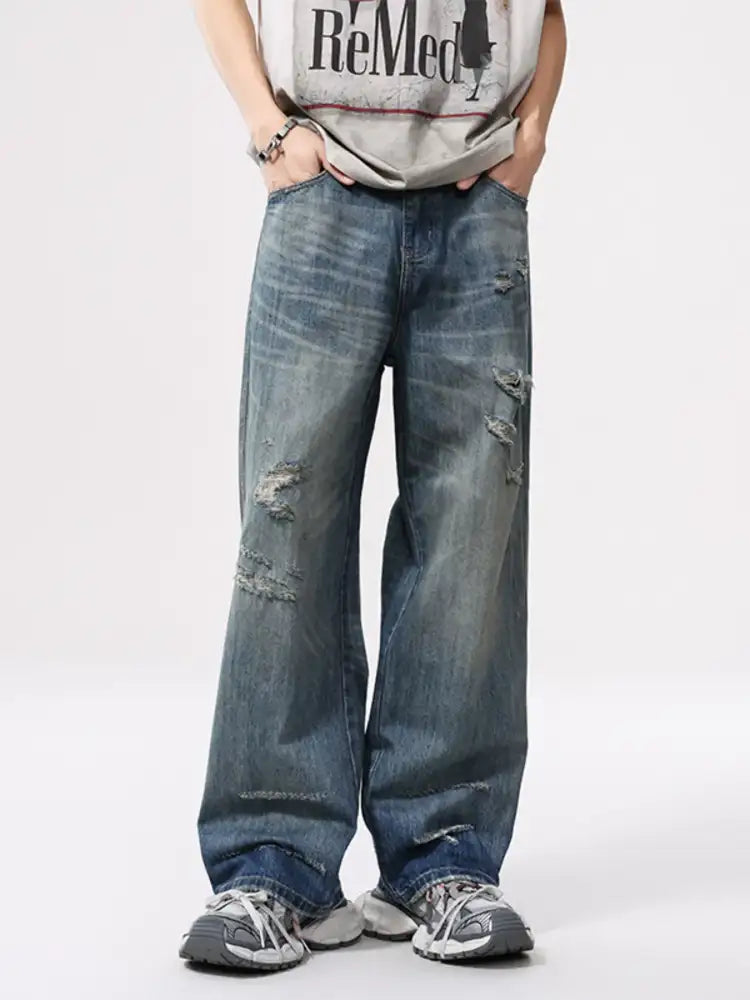 Men’s Full Size Vintage Distressed Wide Leg Relaxed Fit Jeans Plus