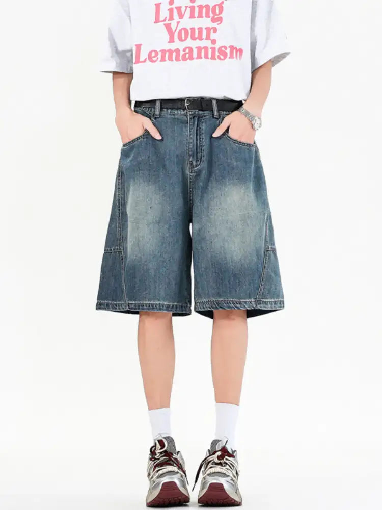 Men’s Full Size Vintage Wide Leg Denim Shorts Plus