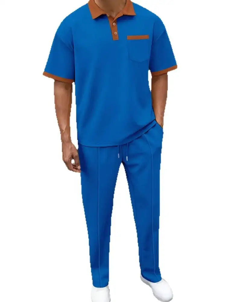 Men’s Full Size Waffle-Knit Contrast Polo and Pants Set Plus