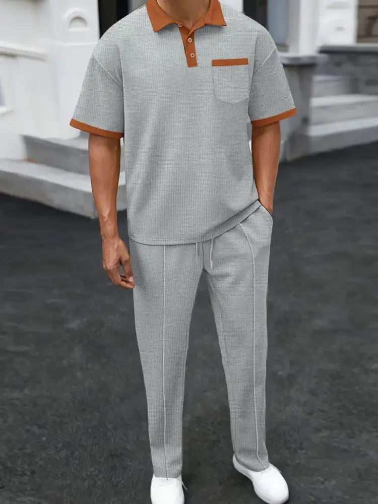 Men’s Full Size Waffle-Knit Contrast Polo and Pants Set Plus