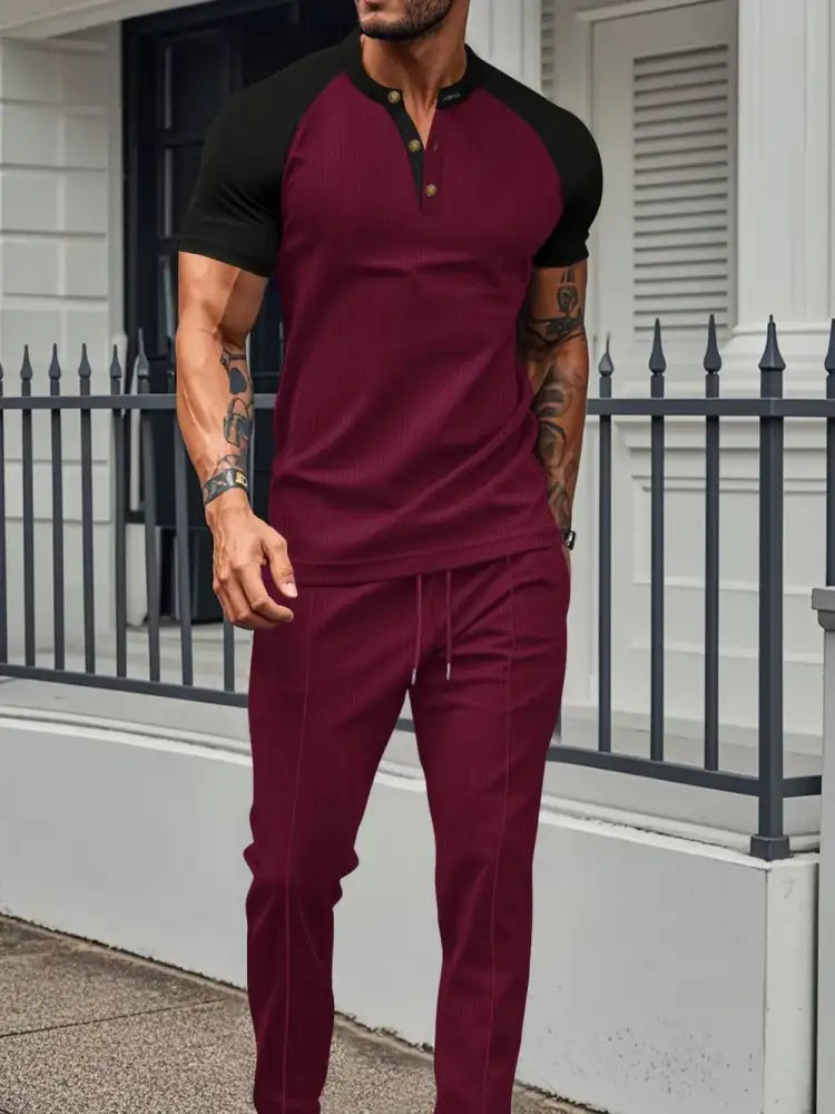 Men’s Full Size Waffle-Knit Contrast Top and Drawstring Pants Set Plus