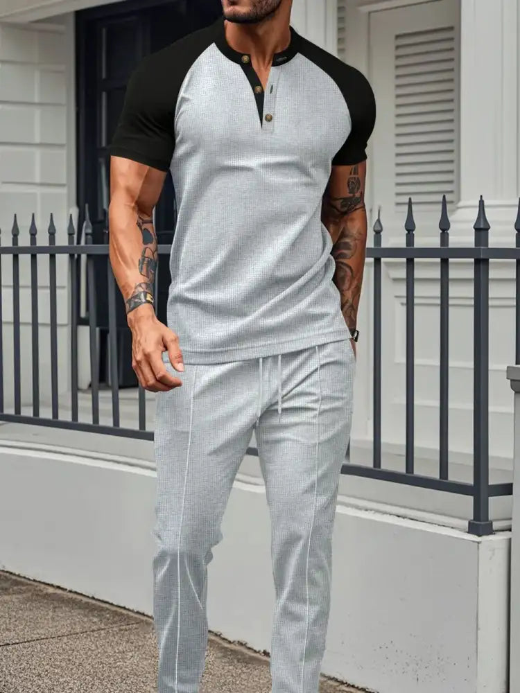 Men’s Full Size Waffle-Knit Contrast Top and Drawstring Pants Set Plus