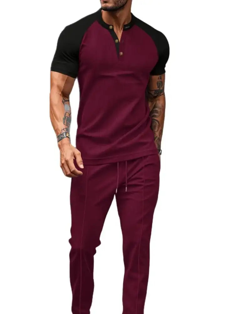 Men’s Full Size Waffle-Knit Contrast Top and Drawstring Pants Set Plus