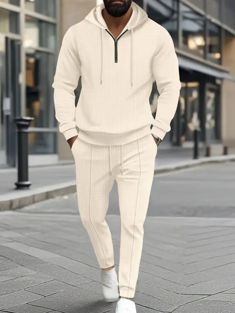 Men’s Full Size Waffle-Knit Half Zipper Hoodie and Pants Set Plus