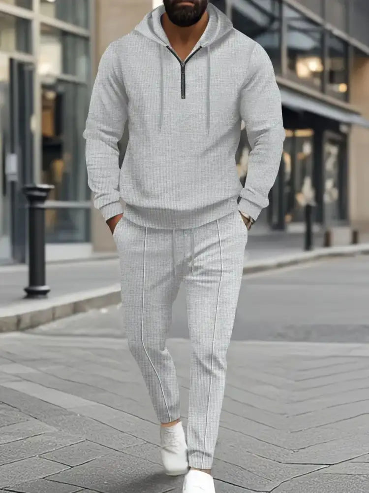 Men’s Full Size Waffle-Knit Half Zipper Hoodie and Pants Set Plus