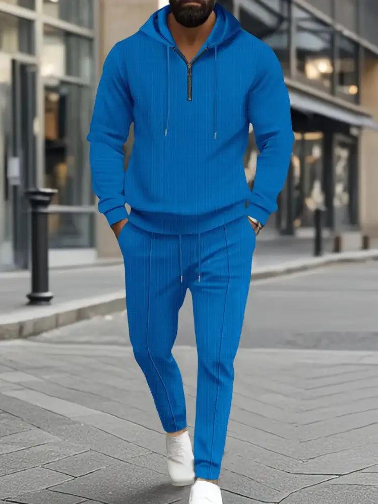 Men’s Full Size Waffle-Knit Half Zipper Hoodie and Pants Set Plus