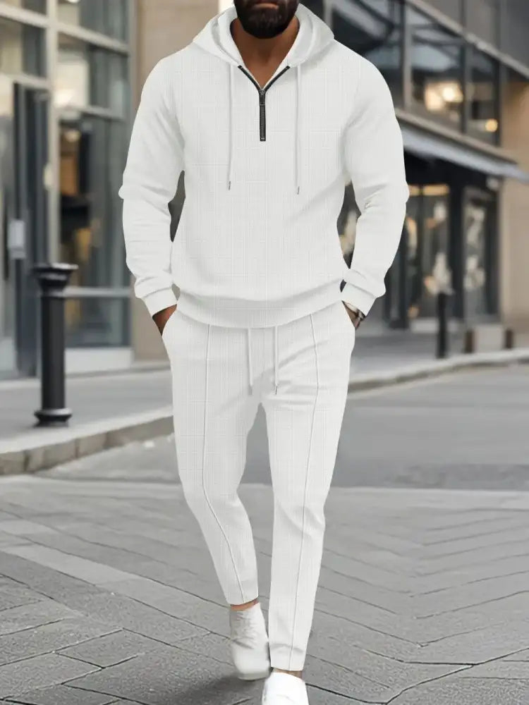 Men’s Full Size Waffle-Knit Half Zipper Hoodie and Pants Set Plus
