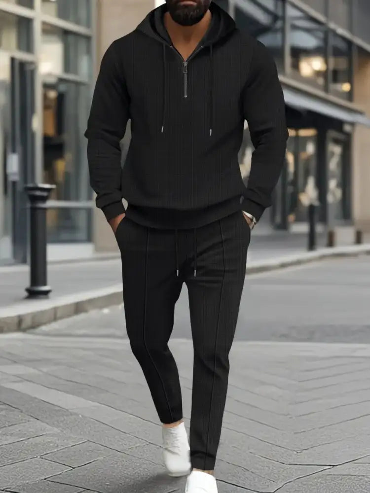 Men’s Full Size Waffle-Knit Half Zipper Hoodie and Pants Set Plus