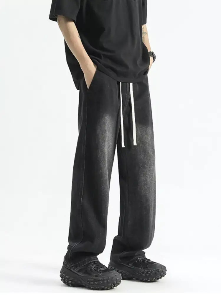 Men’s Full Size Washed Wide Leg Drawstring Jeans Plus