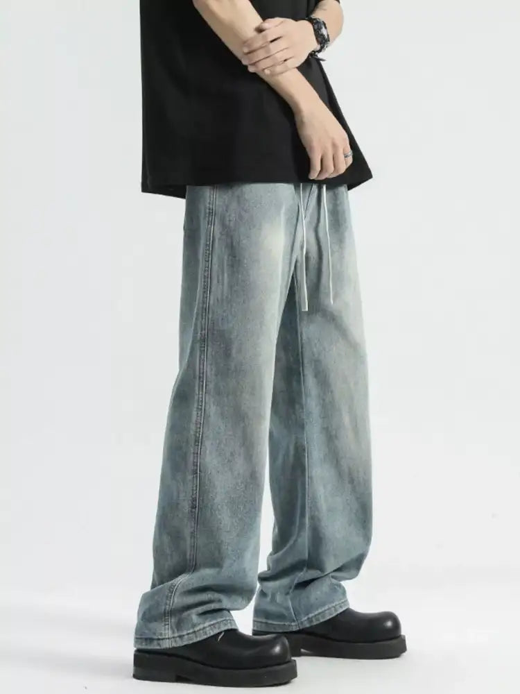 Men’s Full Size Washed Wide Leg Drawstring Jeans Plus