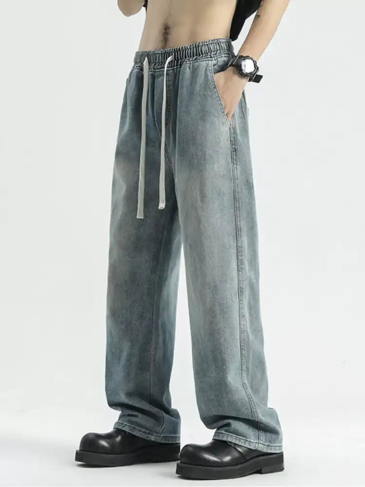 Men’s Full Size Washed Wide Leg Drawstring Jeans Plus