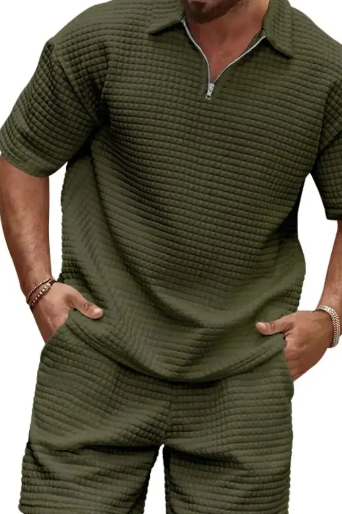 Men’s Full Size Zip Collar Short Sleeve Top and Shorts Set Plus