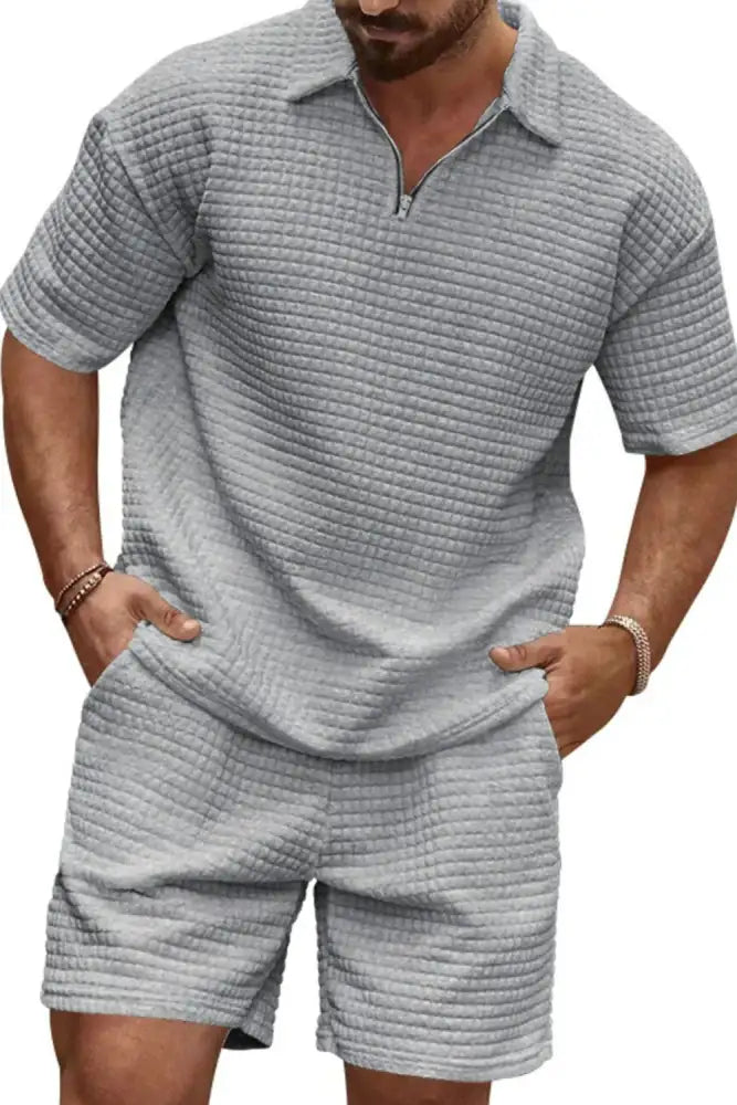 Men’s Full Size Zip Collar Short Sleeve Top and Shorts Set Plus