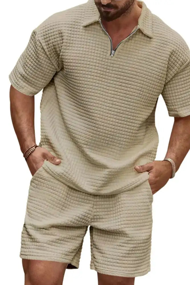 Men’s Full Size Zip Collar Short Sleeve Top and Shorts Set Plus