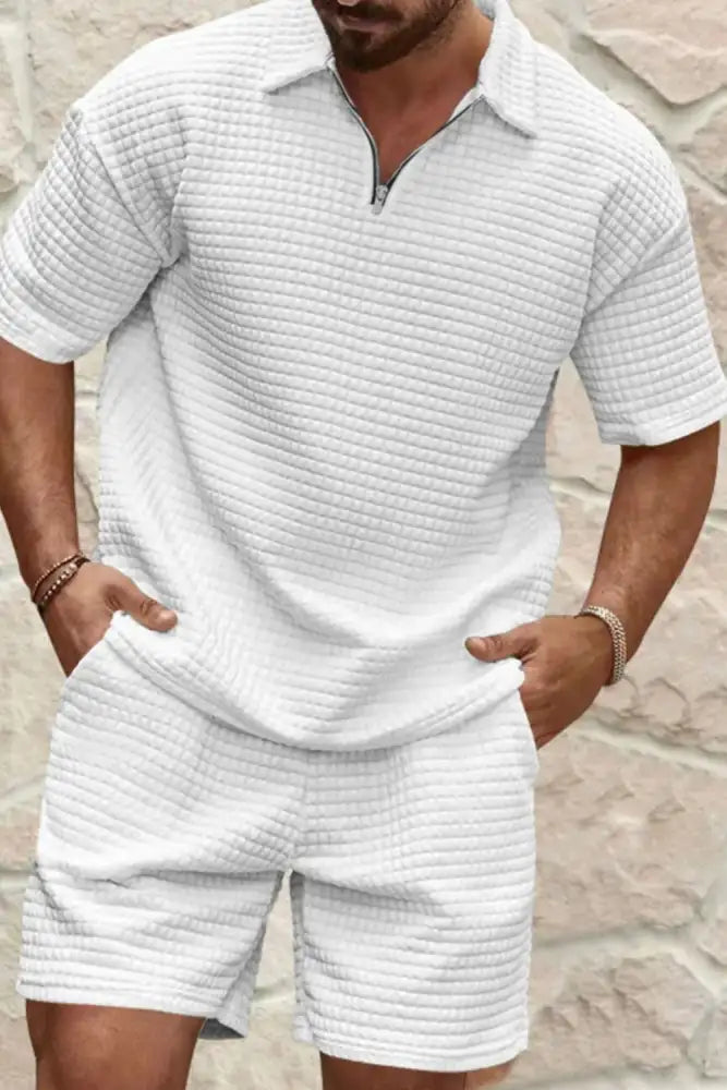 Men’s Full Size Zip Collar Short Sleeve Top and Shorts Set Plus
