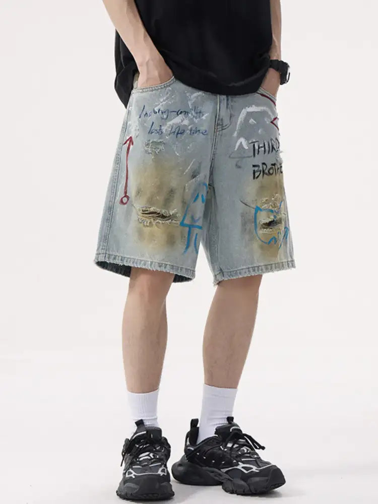 Men’s Graffiti Print Distressed Denim Shorts