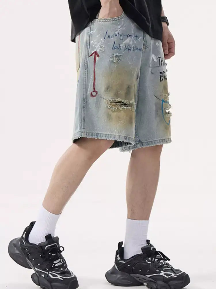 Men’s Graffiti Print Distressed Denim Shorts