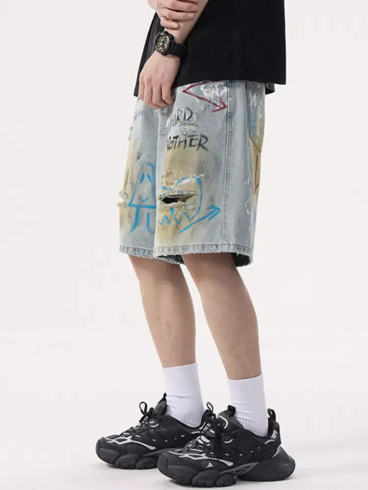 Men’s Graffiti Print Distressed Denim Shorts