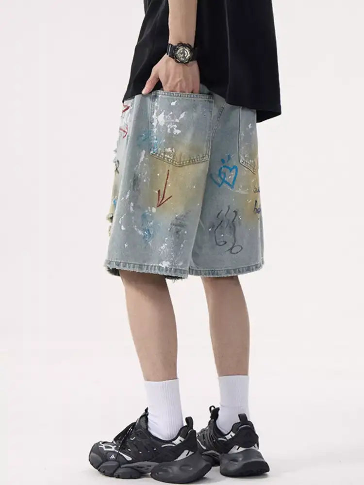Men’s Graffiti Print Distressed Denim Shorts