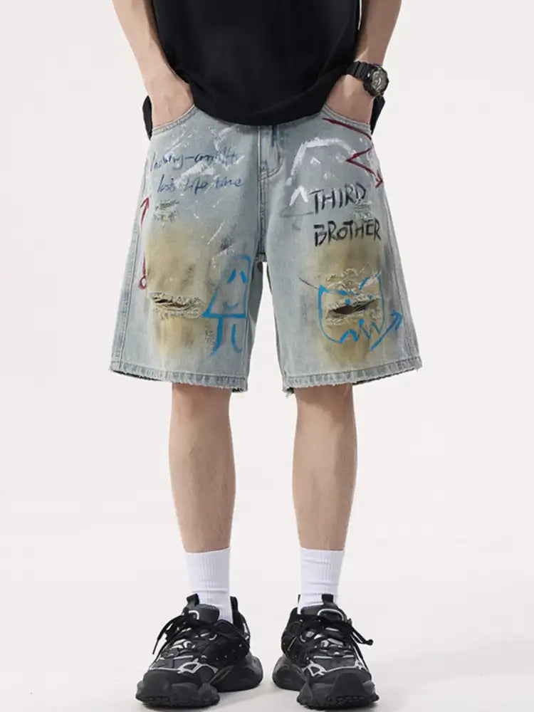 Men’s Graffiti Print Distressed Denim Shorts