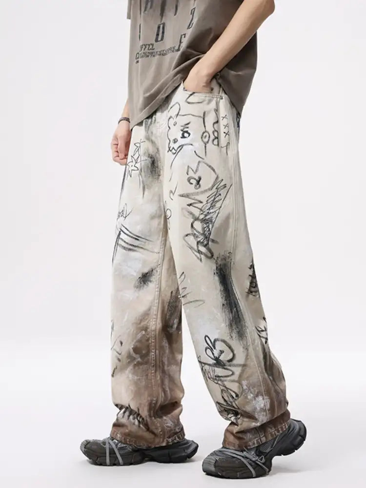 Men’s Graffiti Print Wide Leg Jeans