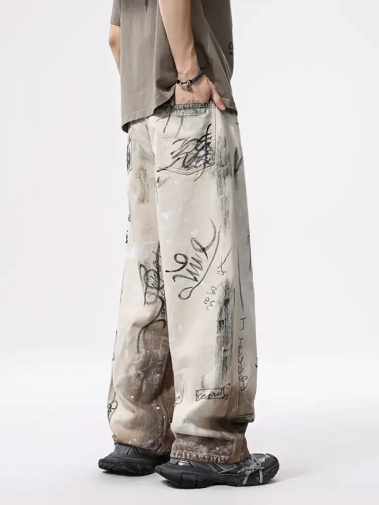 Men’s Graffiti Print Wide Leg Jeans