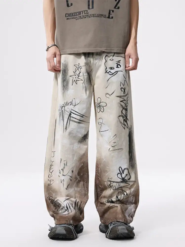 Men’s Graffiti Print Wide Leg Jeans