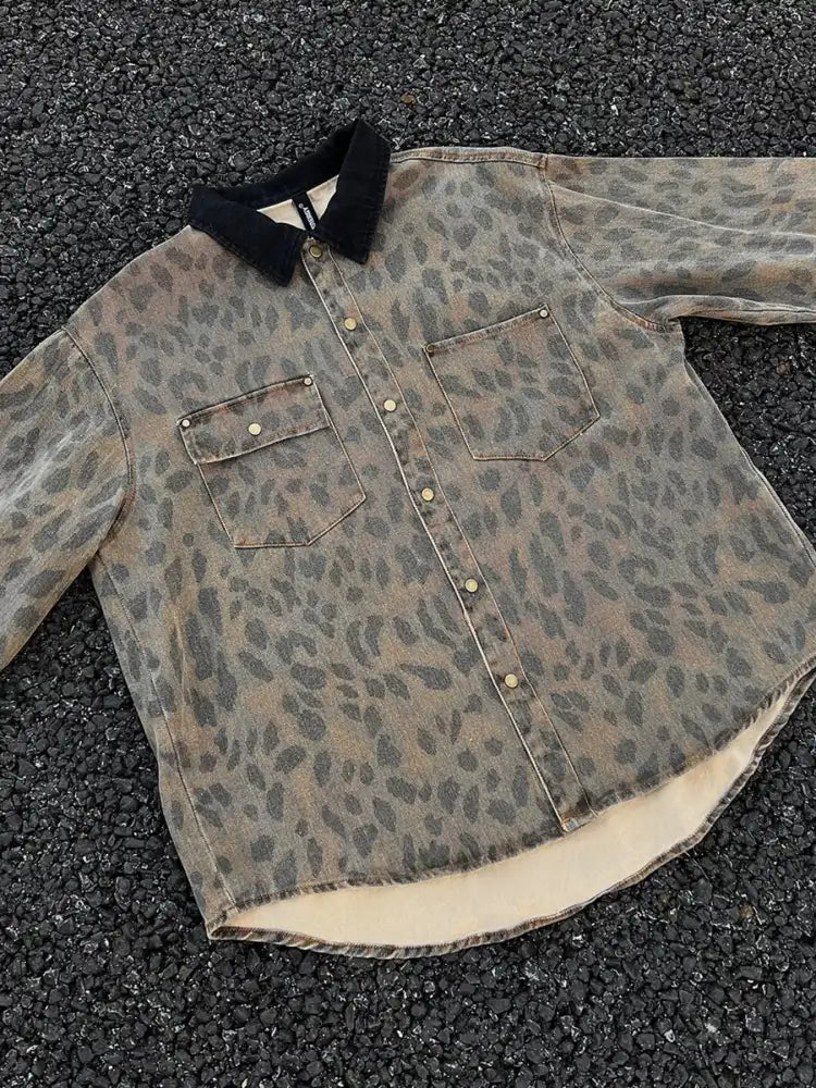 Men’s Leopard Button Up Long Sleeve Jacket